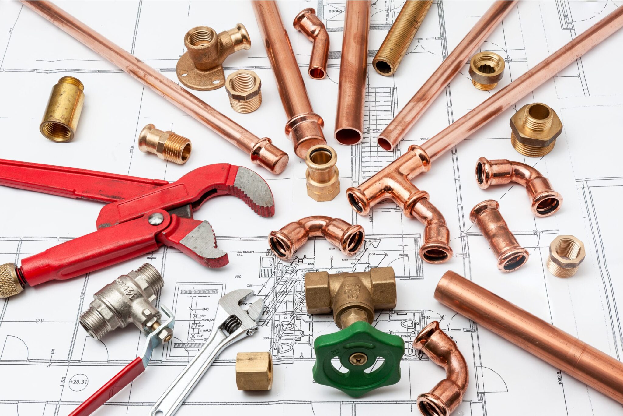 Copper pipes, fittings, valves, and plumbing tools in Coconut Creek