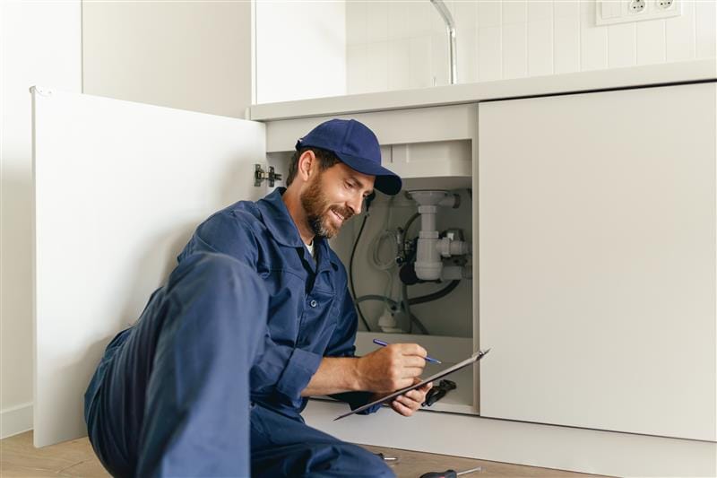 Residential plumber reviewing plumbing repairs in a Coconut Creek kitchen