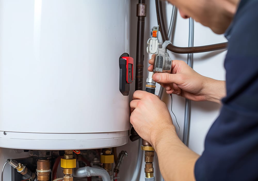 Technician repairing pipes connected to a water heater in Coconut Creek